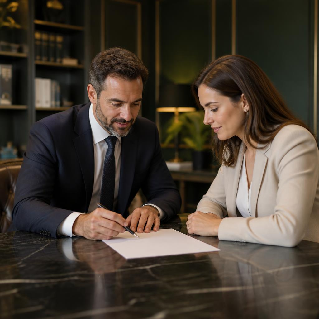 A financial adviser and client reviewing documents together, both looking confident and satisfied