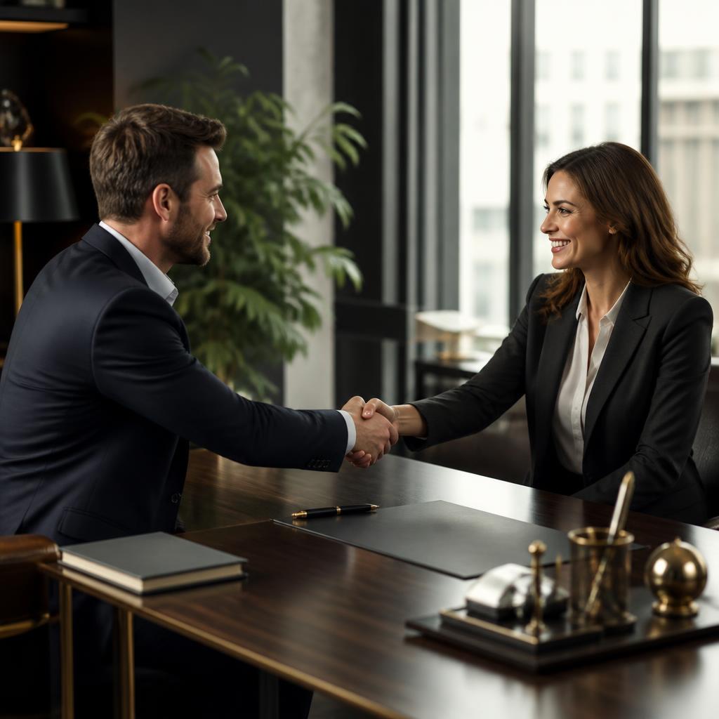 A male and female professional shaking hands, both smiling and satisfied